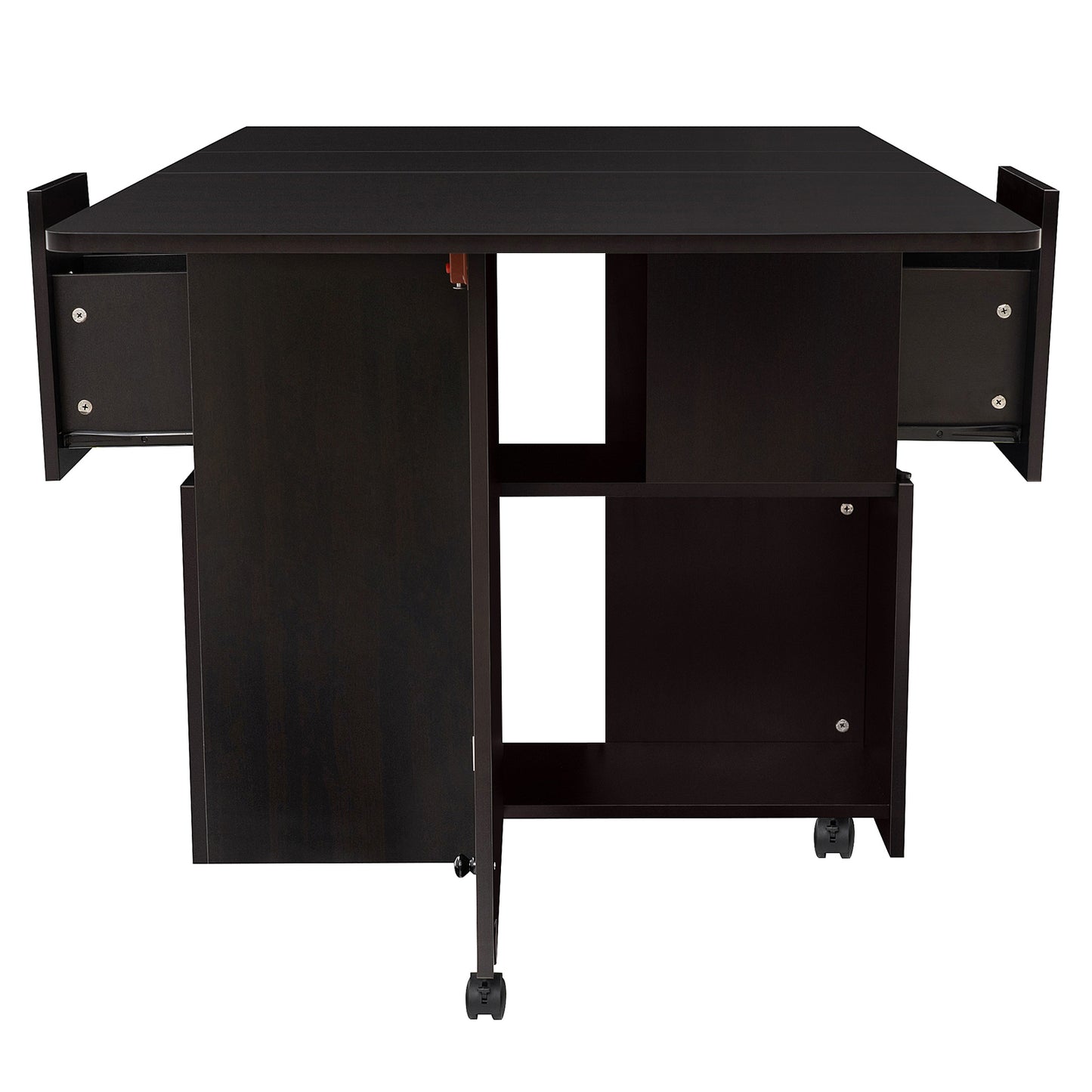 Folding Dining Table w/ 2 Drawers Space Saving Dining Room Table w/ 6 Wheels 2-Layer Storage Racks Kitchen Bedroom Restaurant