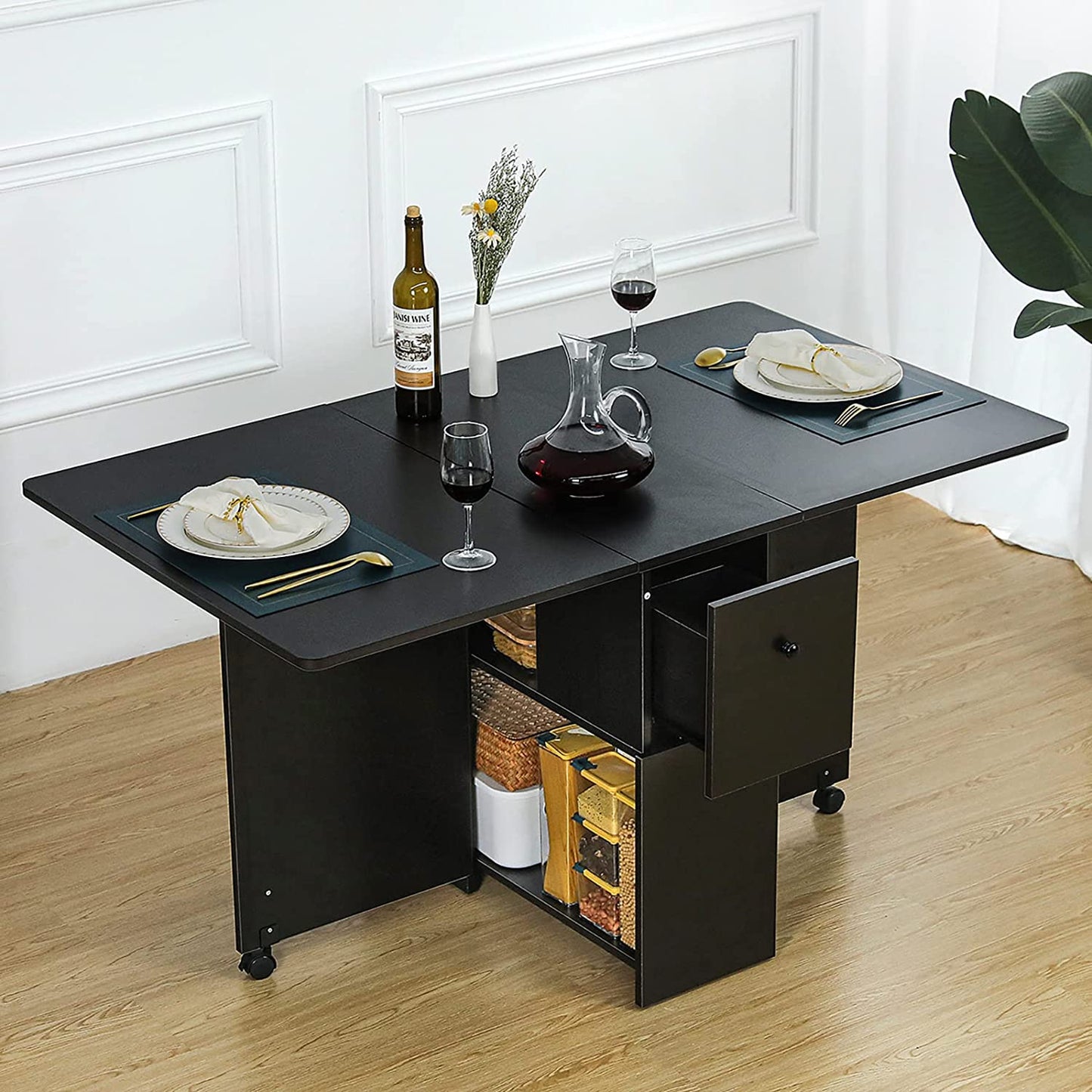 Folding Dining Table w/ 2 Drawers Space Saving Dining Room Table w/ 6 Wheels 2-Layer Storage Racks Kitchen Bedroom Restaurant