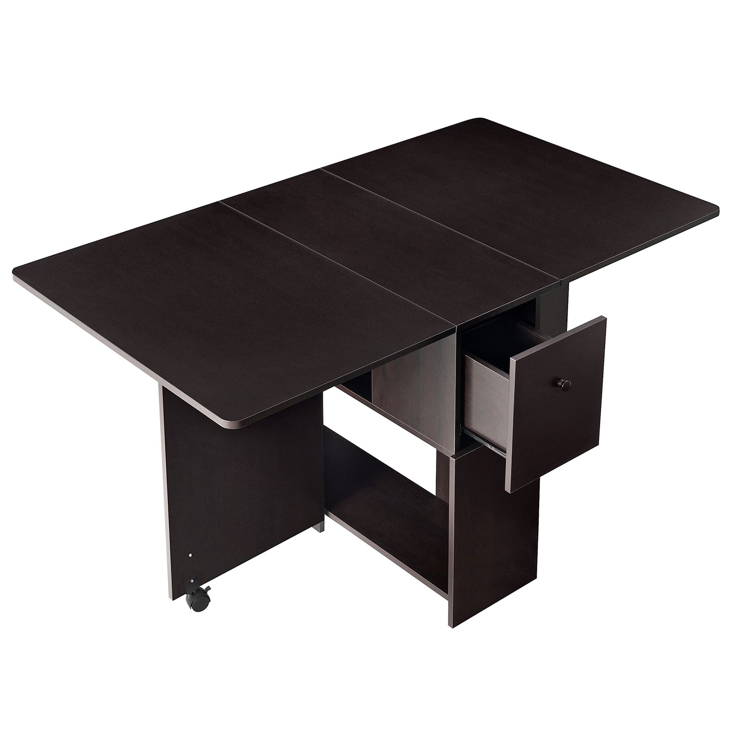 Folding Dining Table w/ 2 Drawers Space Saving Dining Room Table w/ 6 Wheels 2-Layer Storage Racks Kitchen Bedroom Restaurant