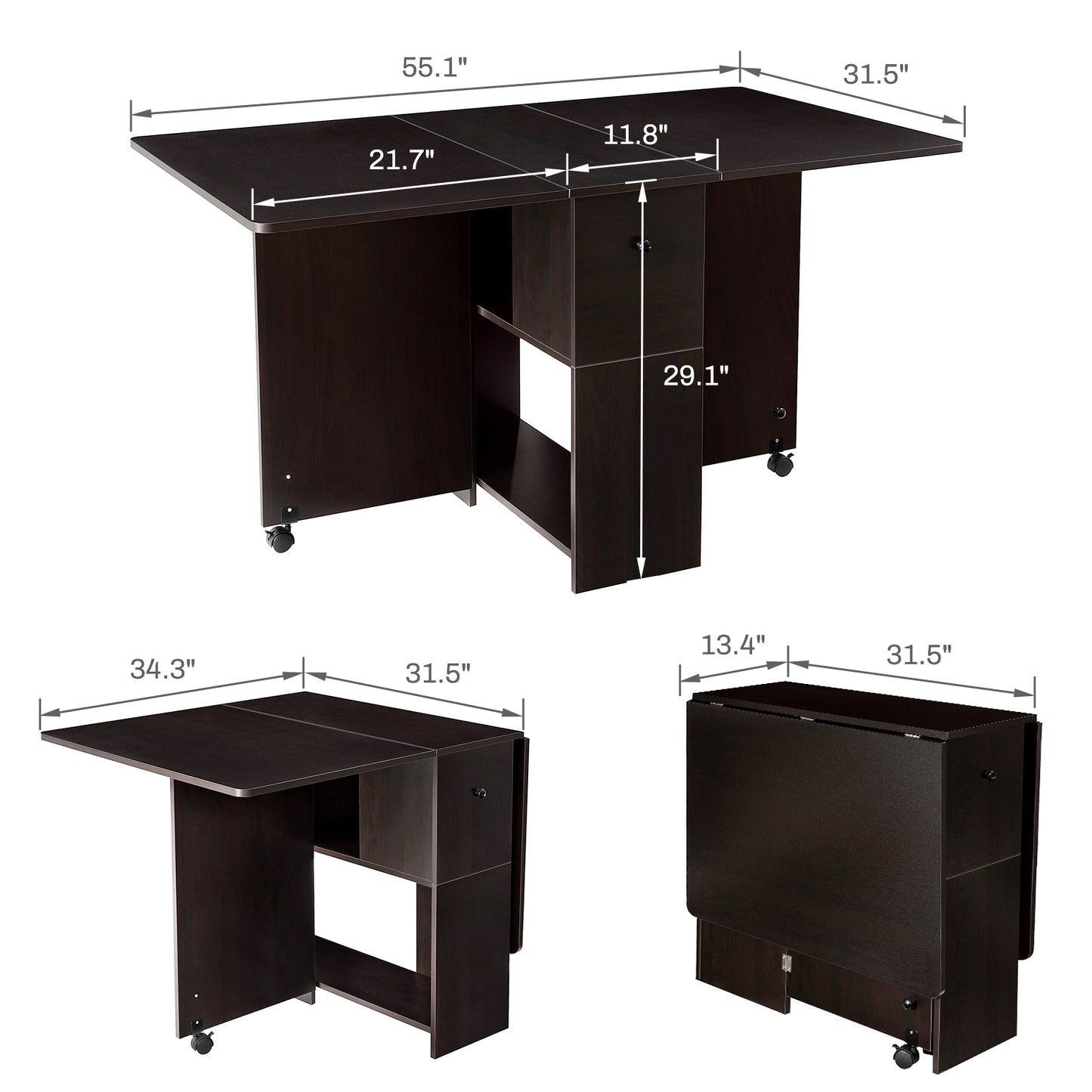 Folding Dining Table w/ 2 Drawers Space Saving Dining Room Table w/ 6 Wheels 2-Layer Storage Racks Kitchen Bedroom Restaurant