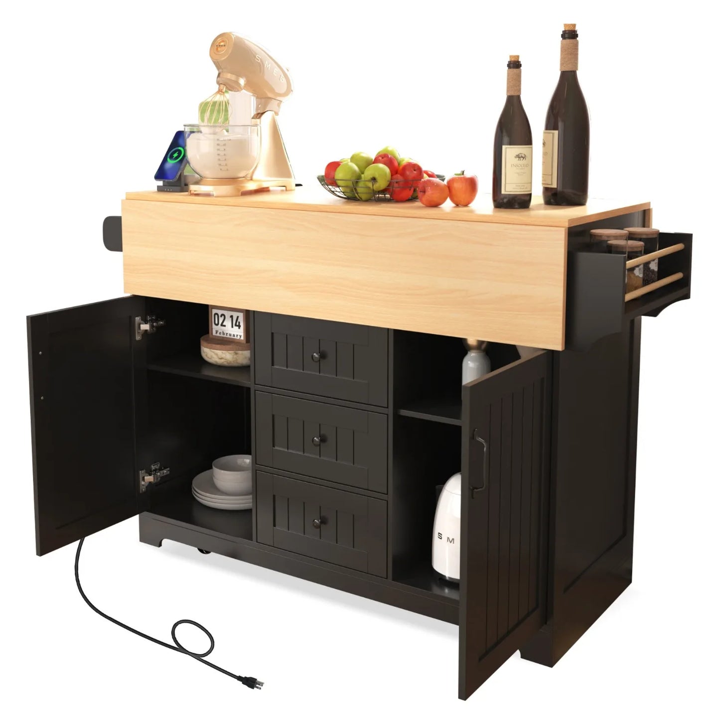 Kitchen island with drop down board, rolling kitchen cart, folding storage table with spice and towel rack, 3 drawers,