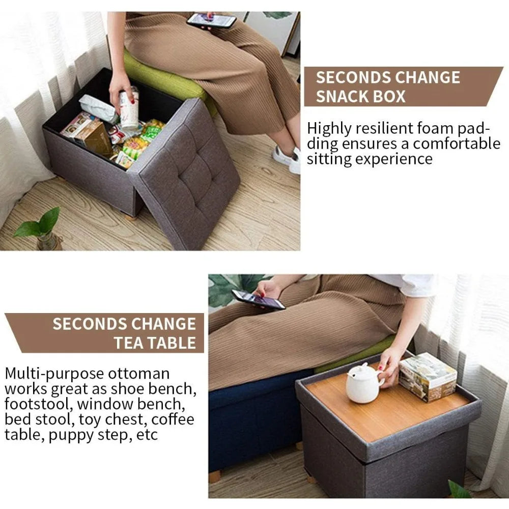 Compact Elegance: Brown Foldable Storage Ottoman with Wooden Feet
