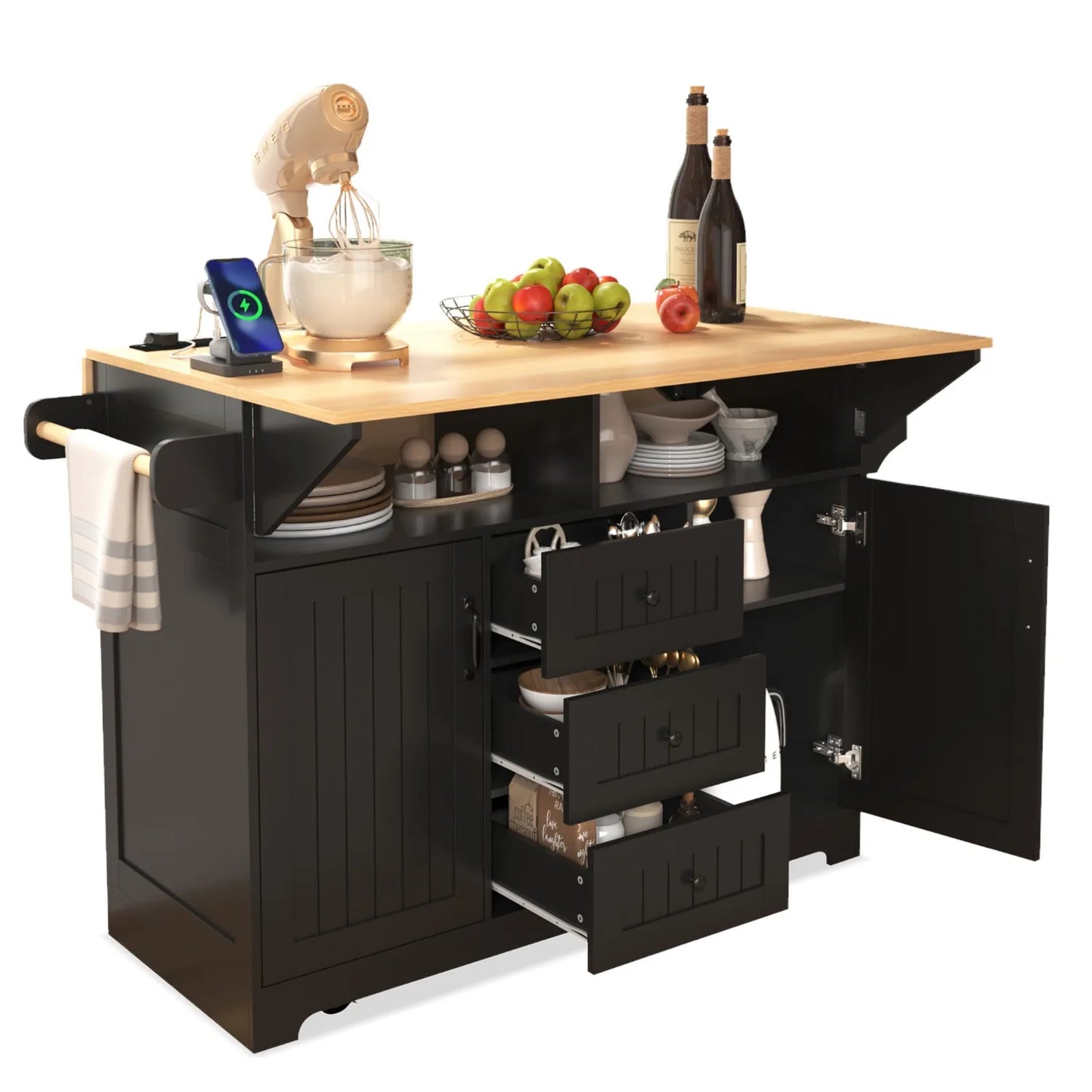 Kitchen island with drop down board, rolling kitchen cart, folding storage table with spice and towel rack, 3 drawers,