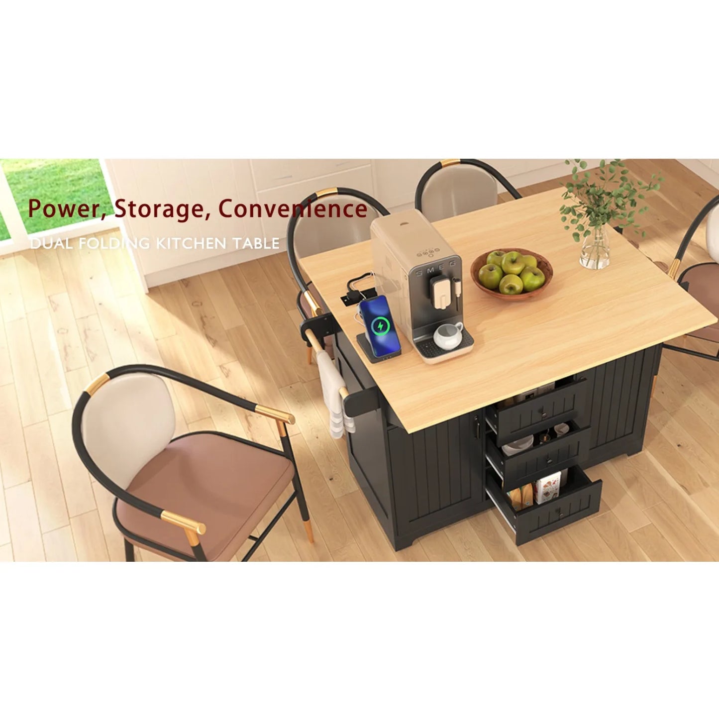 Kitchen island with drop down board, rolling kitchen cart, folding storage table with spice and towel rack, 3 drawers,