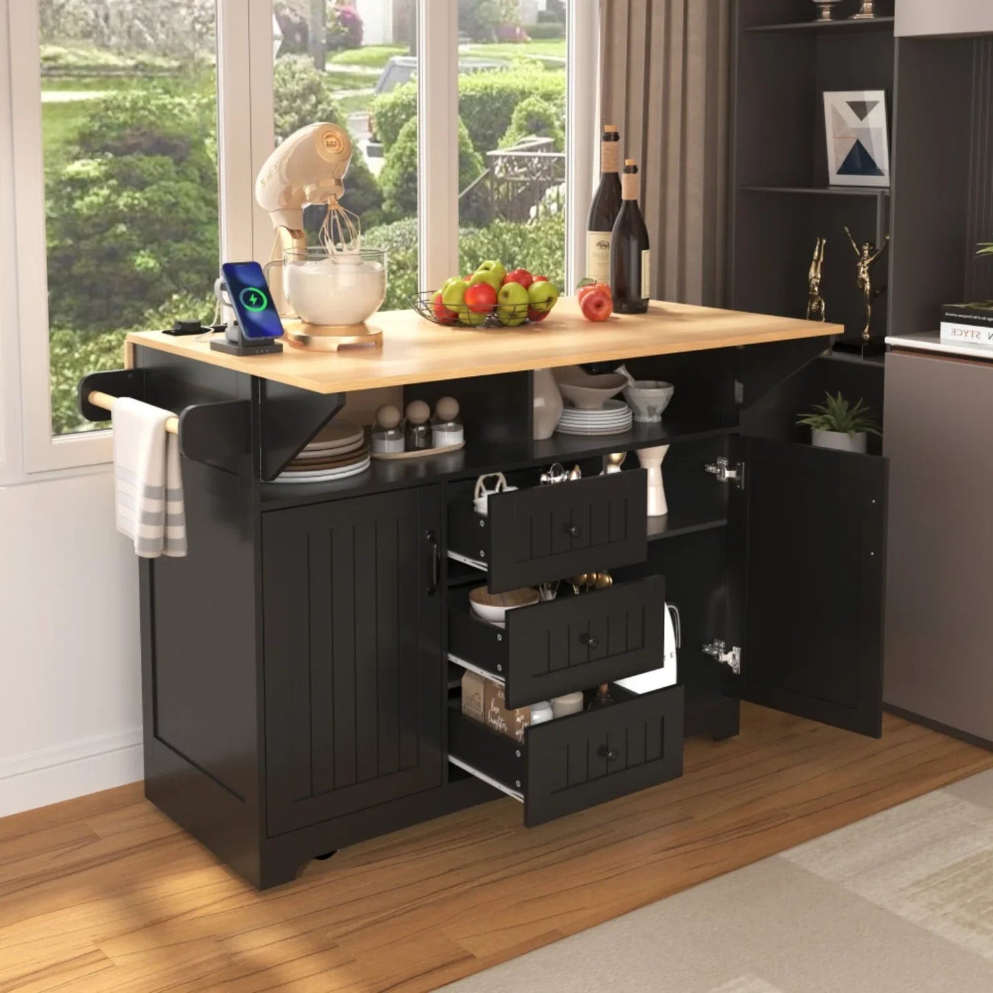 Kitchen island with drop down board, rolling kitchen cart, folding storage table with spice and towel rack, 3 drawers,