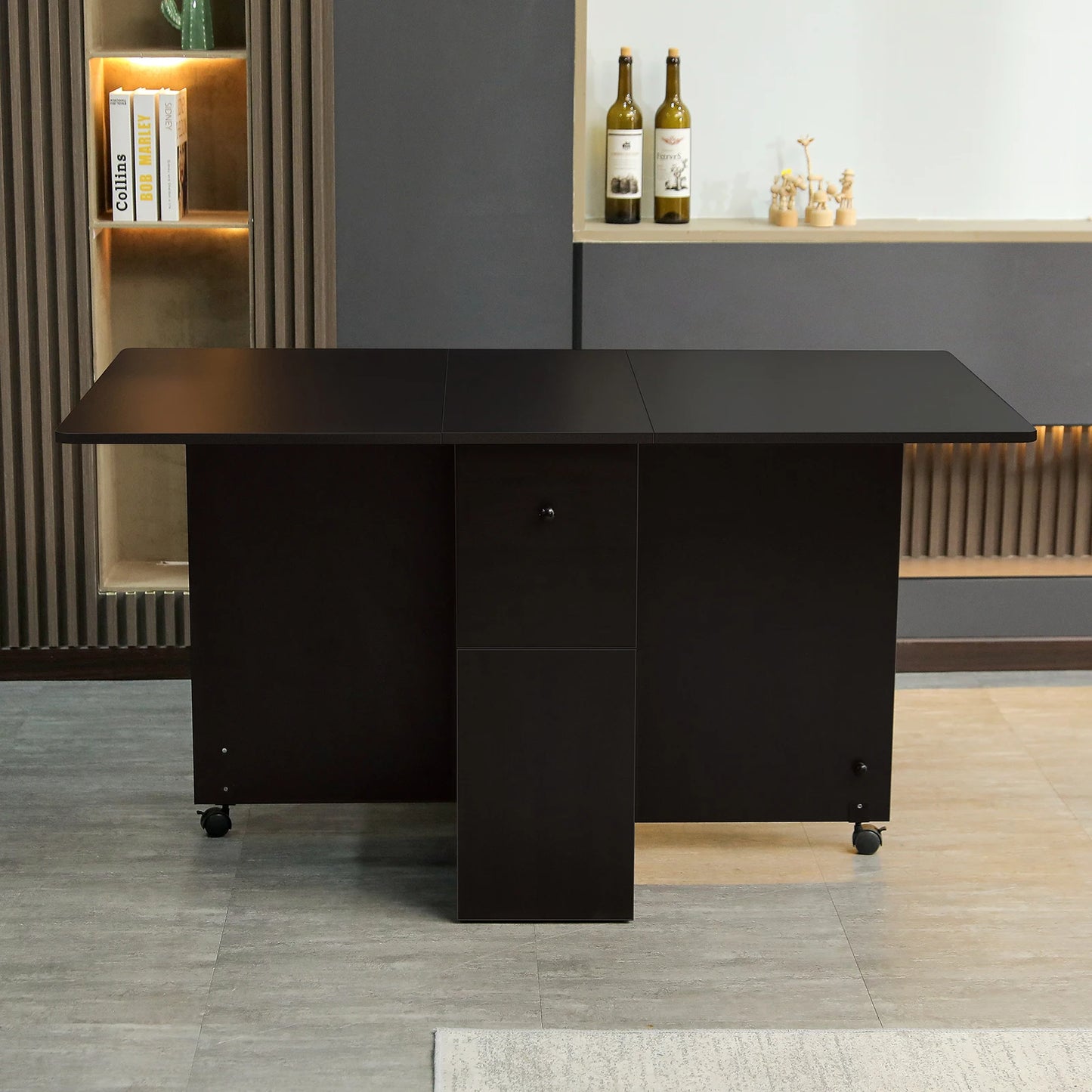 Folding Dining Table w/ 2 Drawers Space Saving Dining Room Table w/ 6 Wheels 2-Layer Storage Racks Kitchen Bedroom Restaurant