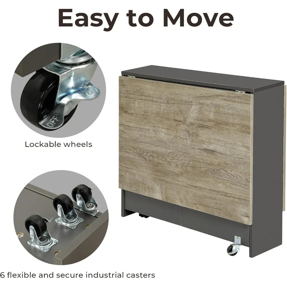 Multifunction Space Saver: Folding Dining Table with Storage on Wheels
