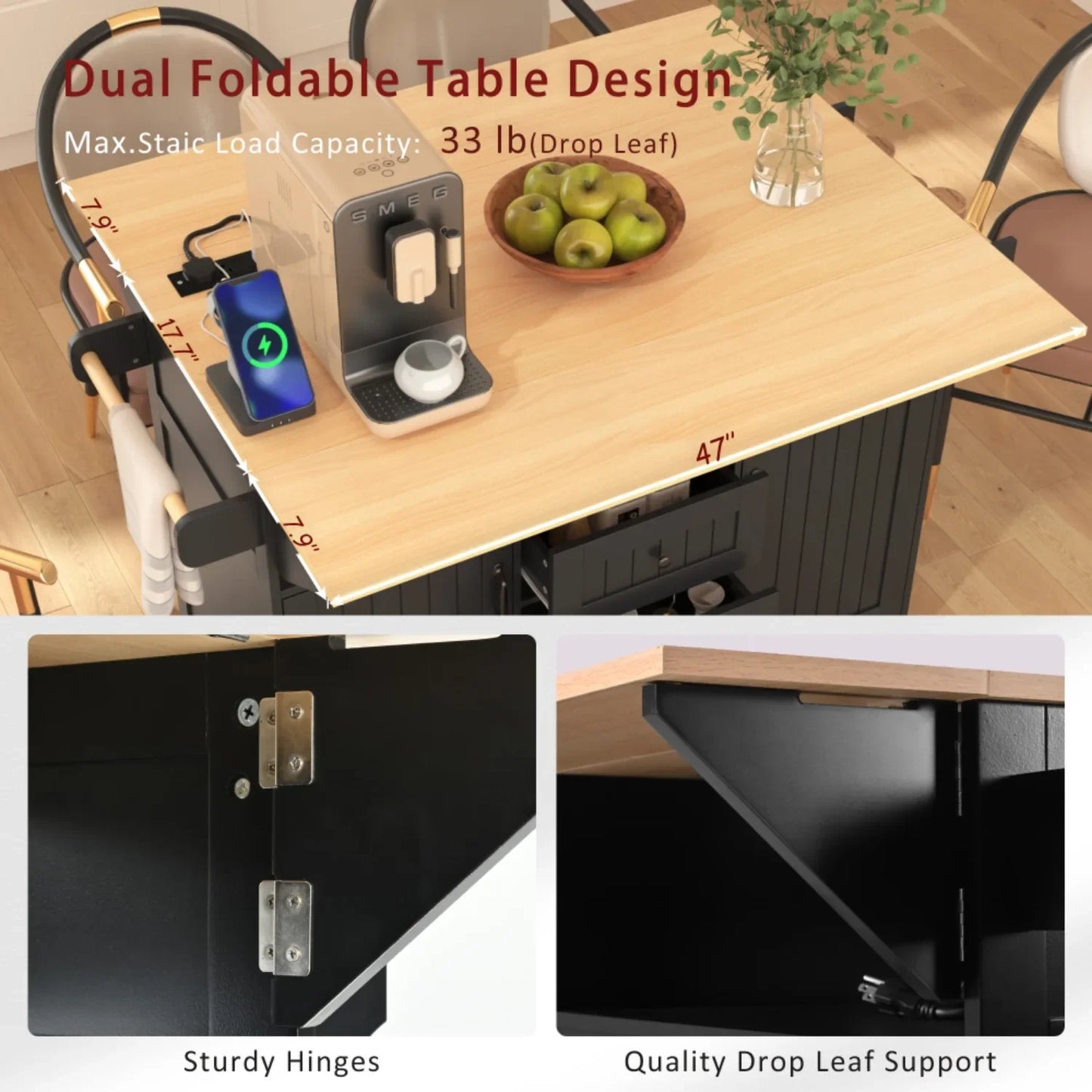 Kitchen island with drop down board, rolling kitchen cart, folding storage table with spice and towel rack, 3 drawers,