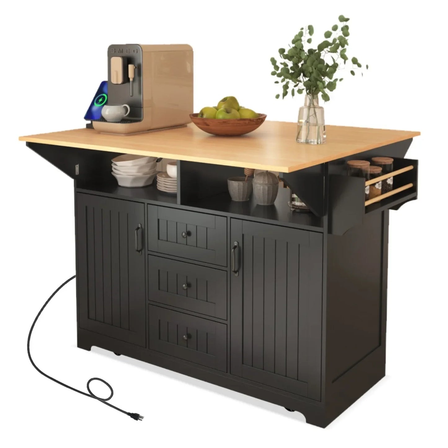 Kitchen island with drop down board, rolling kitchen cart, folding storage table with spice and towel rack, 3 drawers,