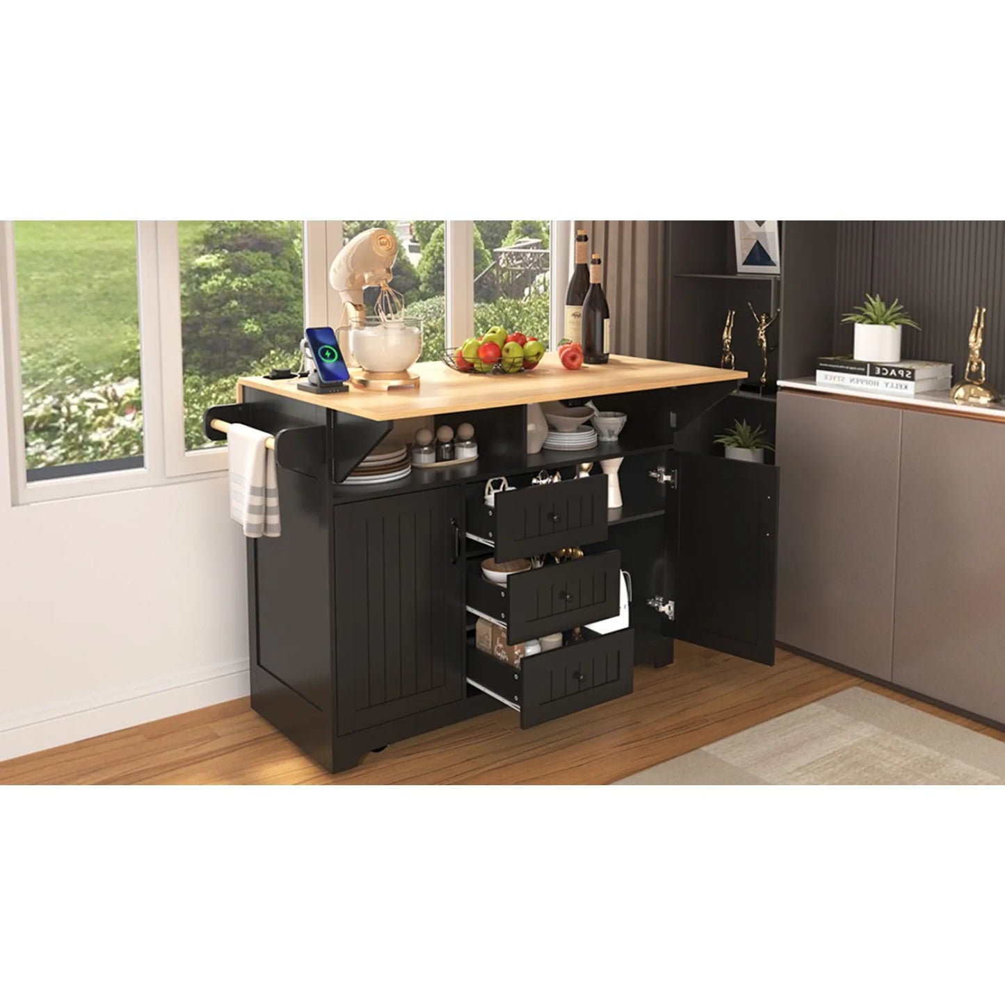 Kitchen island with drop down board, rolling kitchen cart, folding storage table with spice and towel rack, 3 drawers,