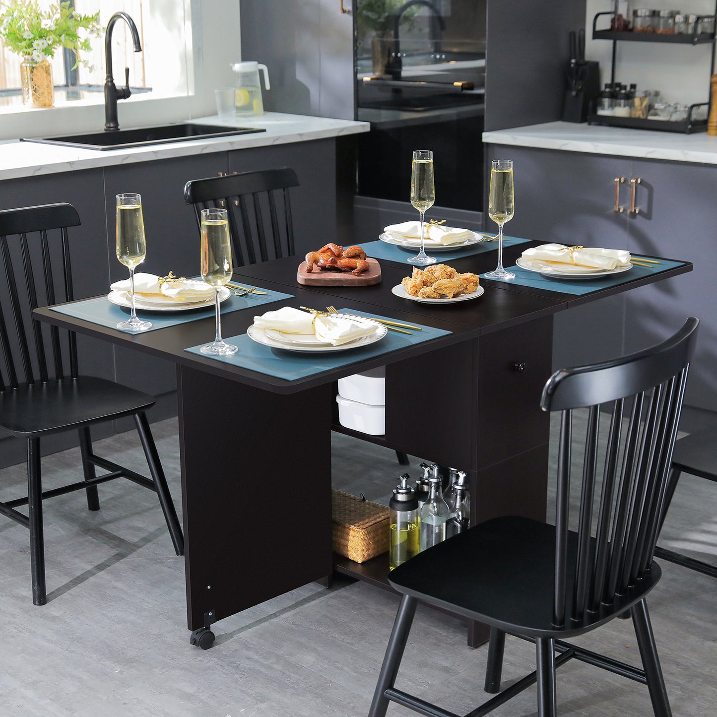 Folding Dining Table w/ 2 Drawers Space Saving Dining Room Table w/ 6 Wheels 2-Layer Storage Racks Kitchen Bedroom Restaurant