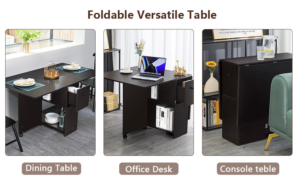 Folding Dining Table w/ 2 Drawers Space Saving Dining Room Table w/ 6 Wheels 2-Layer Storage Racks Kitchen Bedroom Restaurant