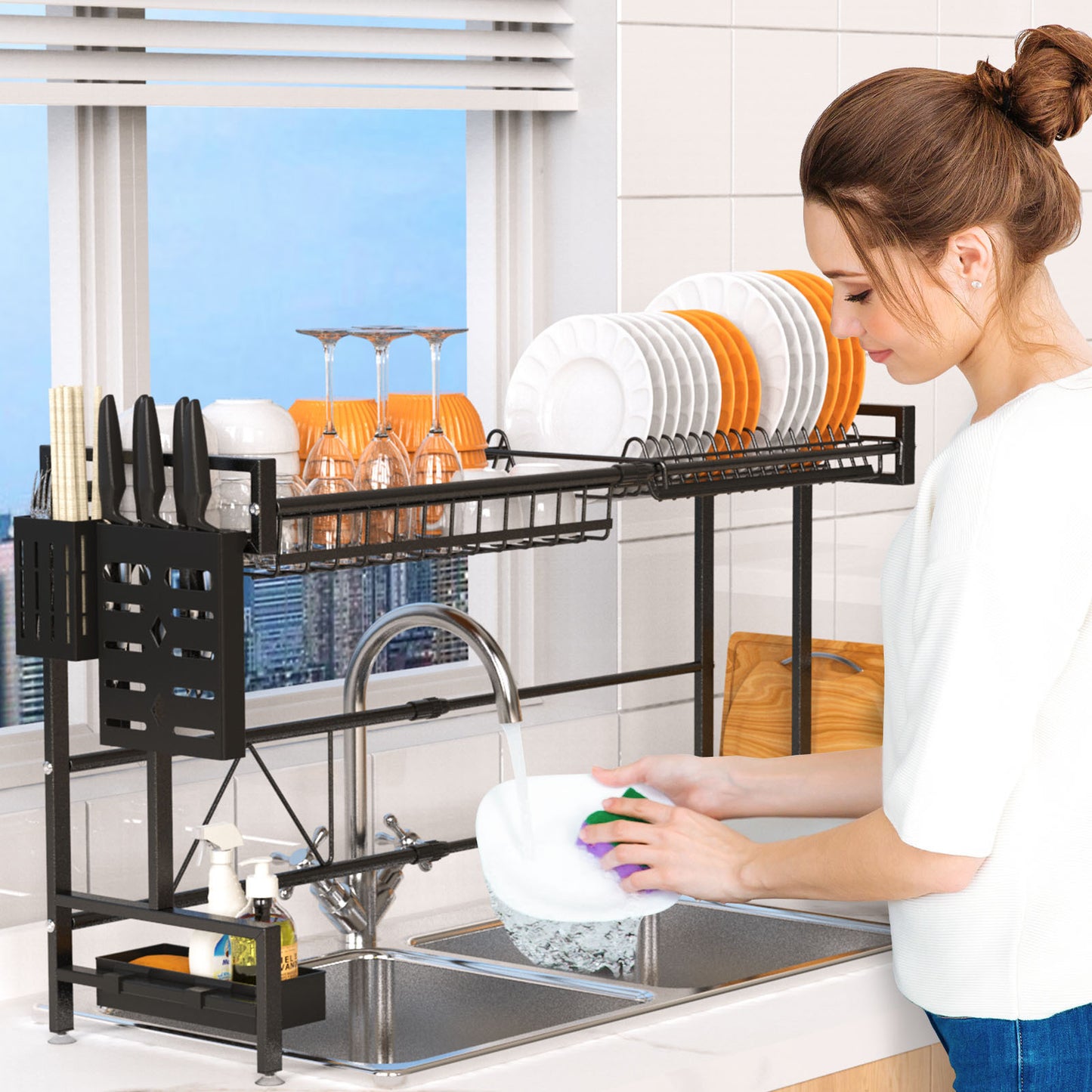 Efficient Kitchen Helper: Over-the-Sink 2-Tier Dish Drying Rack