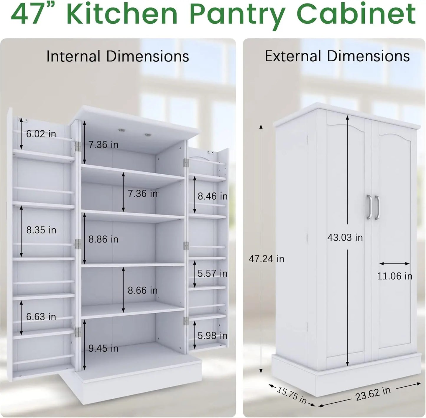 Spacious Elegance: 47” White Freestanding Kitchen Pantry Cabinet
