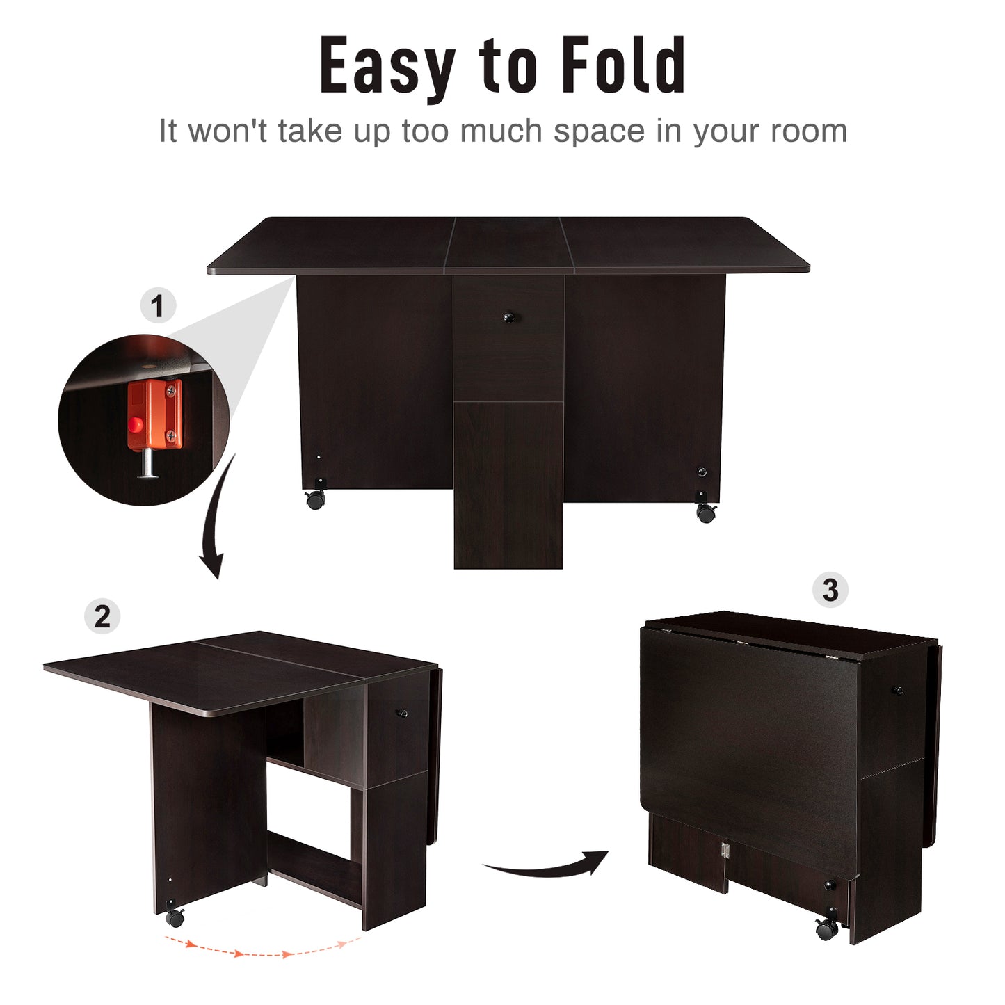 Folding Dining Table w/ 2 Drawers Space Saving Dining Room Table w/ 6 Wheels 2-Layer Storage Racks Kitchen Bedroom Restaurant